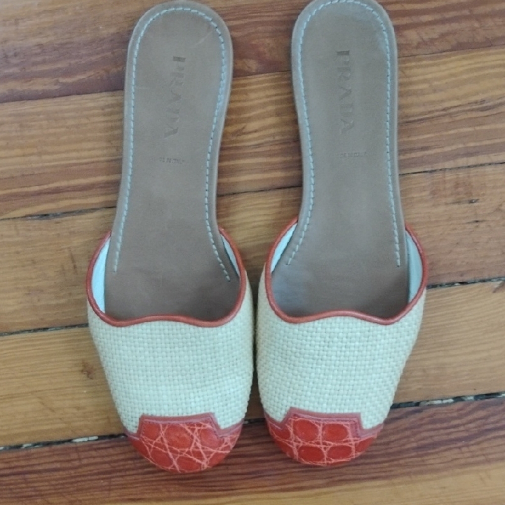 Prada Cream and Red Mules with Textured Leather